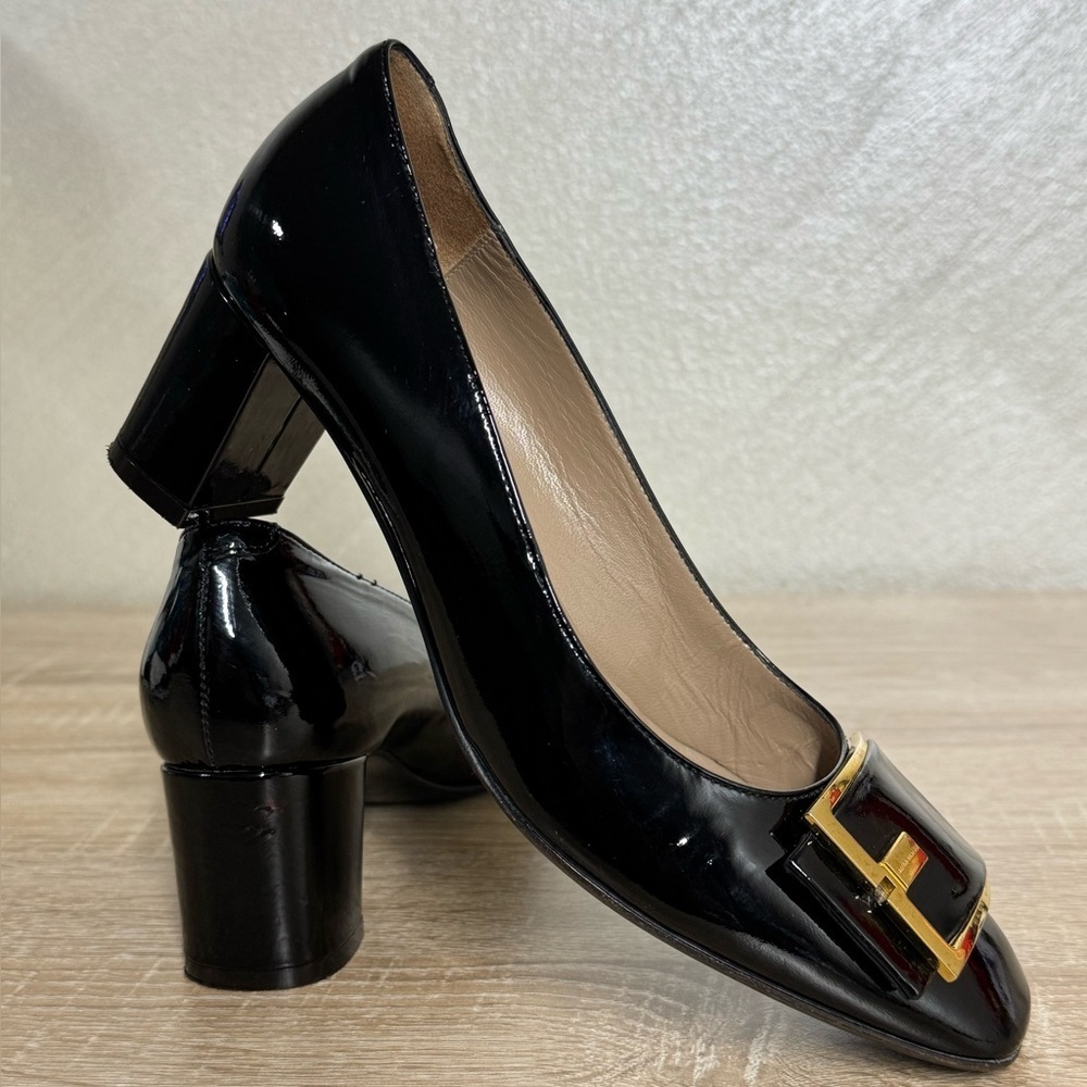 Bruno Magli Size 38.5 US 7.5 Black Patent Leather Block Heel Shoes Buckle - Picture 16 of 16